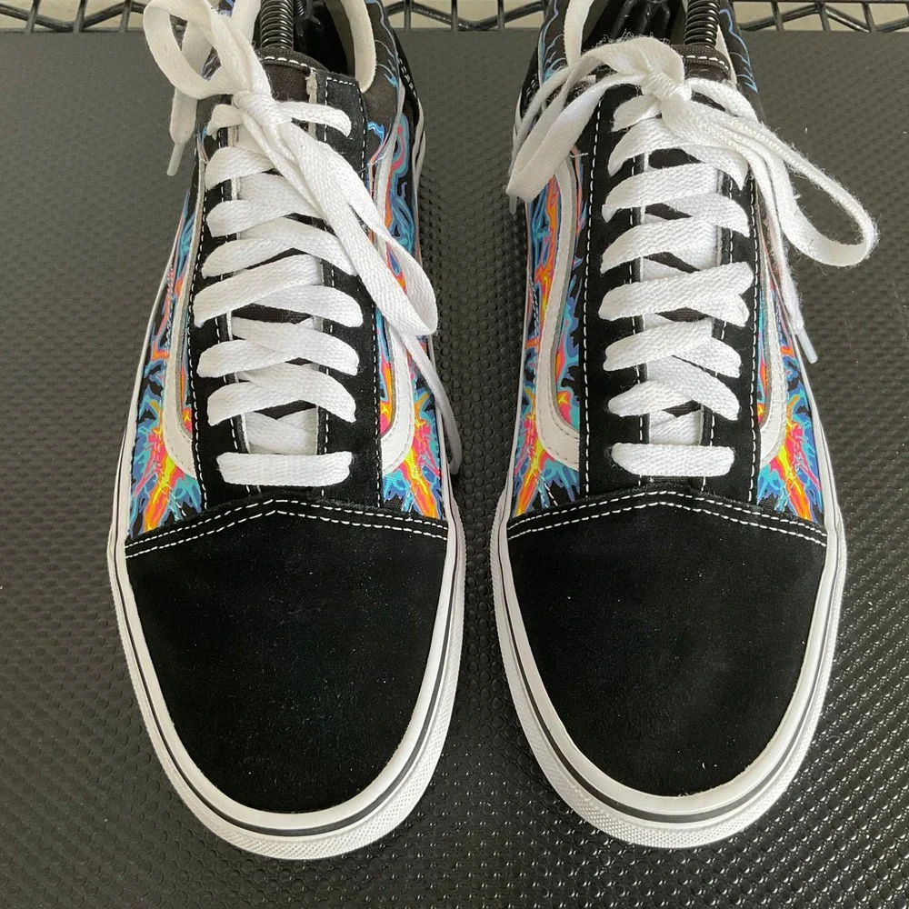 Vans Old Skool Black Multi Color Lightning Flame Skate Shoes Mens 9.5 Womens 11